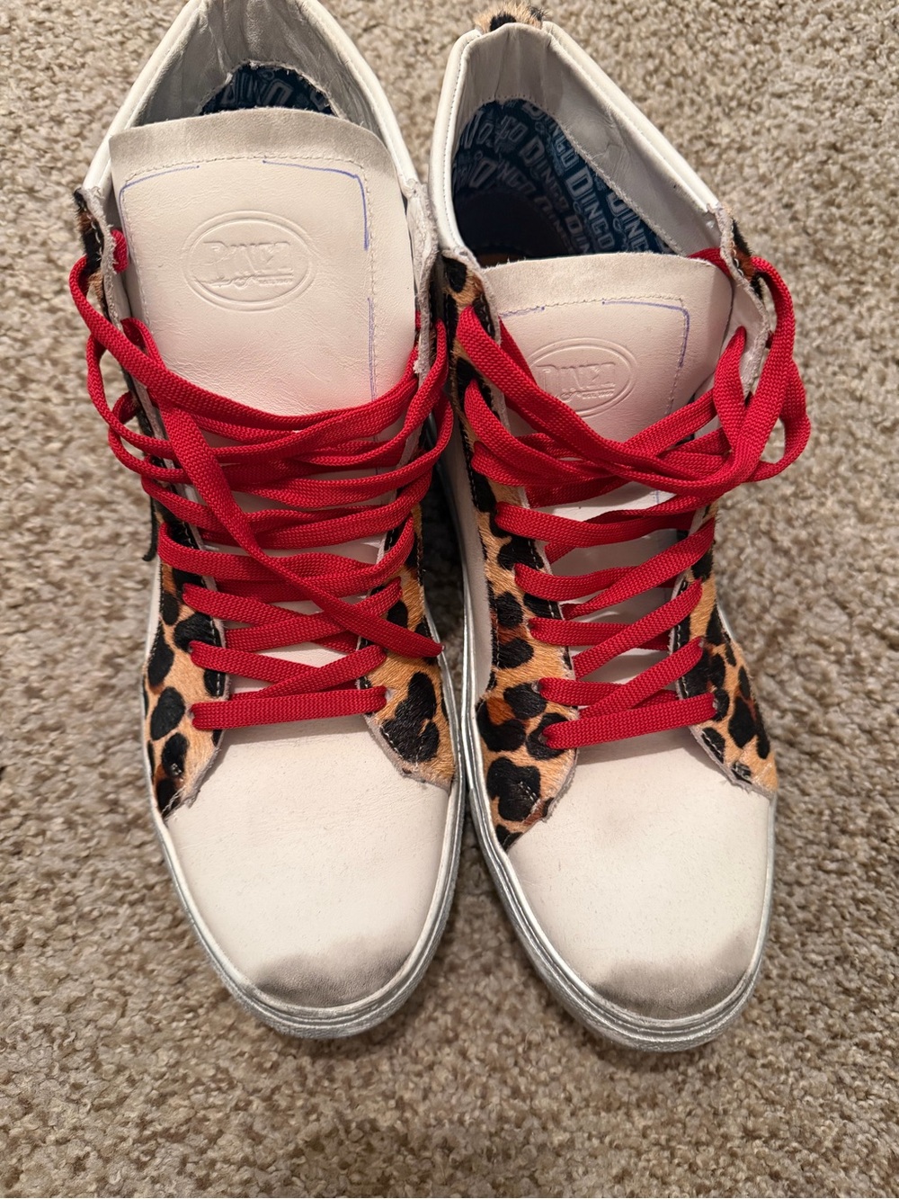 dingo White Leather Sneakers with Leopard Panels and Red Laces